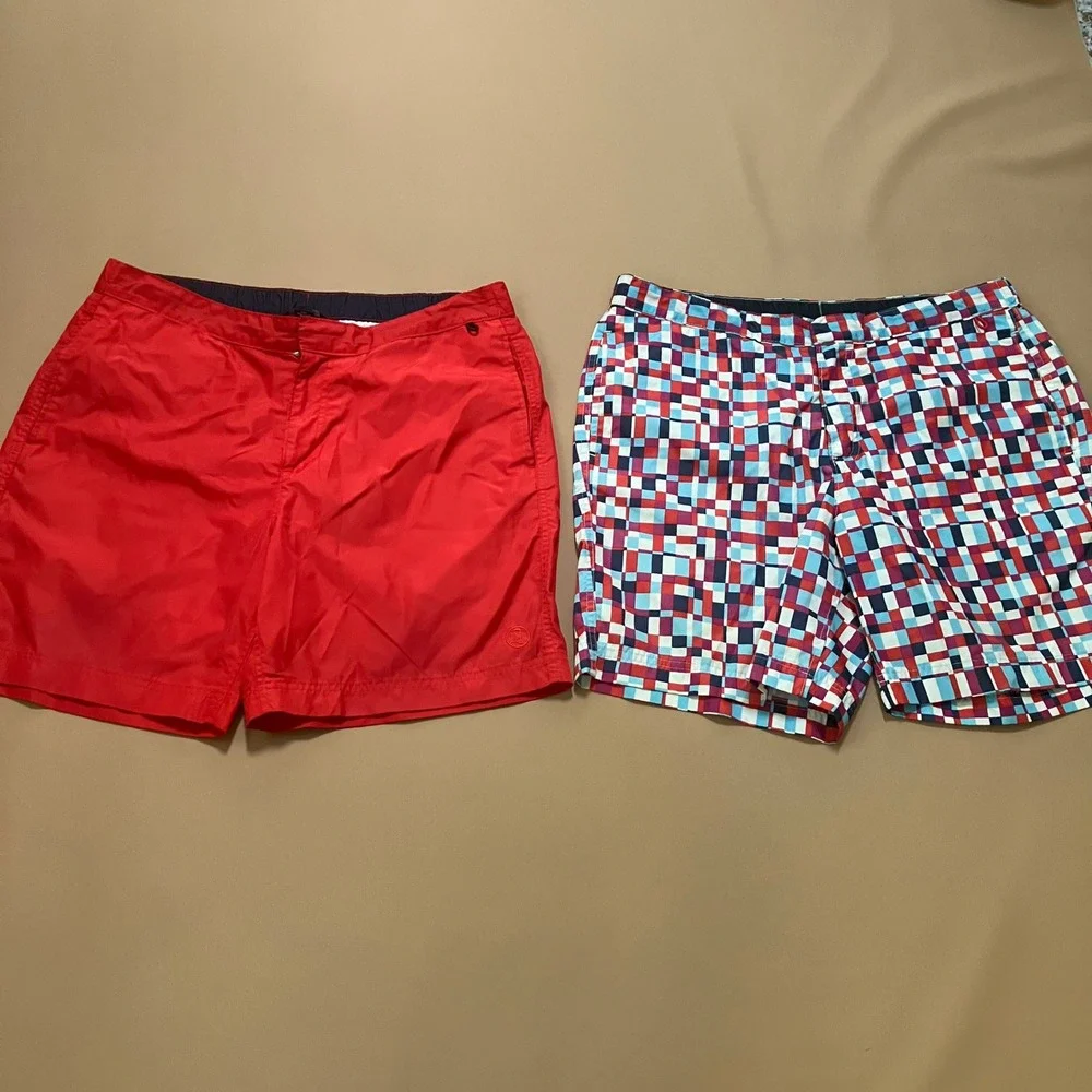 Lot of 2 Lands' End Mens Swim Trunks Board Shorts‎ 35 Red Geometric Print